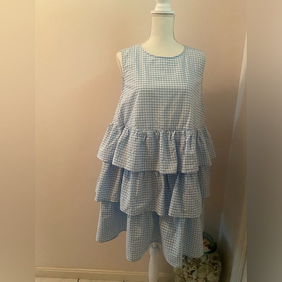 Who What Wear Dresses & Skirts - Who What Wear light blue and white tiered sleeveless cotton dress size large